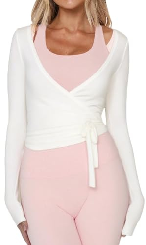 Women Wrap Top Long Sleeve Deep V Neck Cross Tie Workout Ballet Pilates Yoga Shirt White S