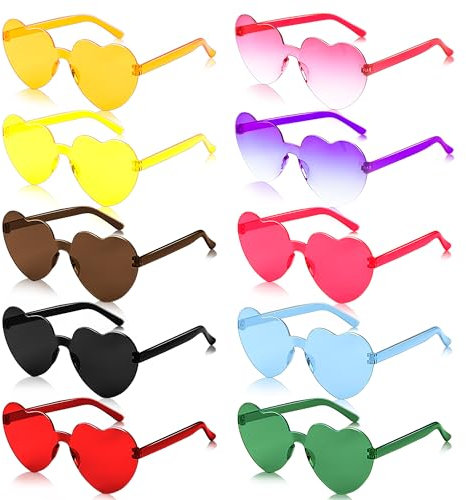 Elalove 10 Stück Herz Sonnenbrille Set, Lustige Sonnenbrille ohne Rahmen, Partybrillen für Damen und Herren, Bunte Sonnenbrille Herzform für Festival, Hochzeit Deko, Sommer Gadgets & Party Zubehör