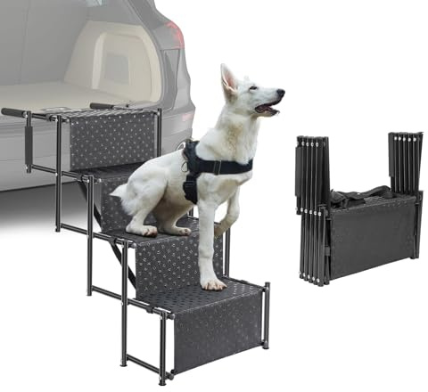 OUUTMEE Escalier pour Chien à 4 marches, Rampe Pliable avec Surface antidérapante, escalier pour Chiens Petits et Grands jusqu'à 80 kg, pour Voitures et SUV