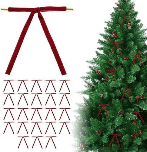 24 Lazos de Terciopelo Rojo Vino para Decoraciones Navideñas, Cinta Decorativa de 1 cm de Ancho, Lazos para Árbol de Navidad, Envoltorios de Regalos y Decoración Festiva