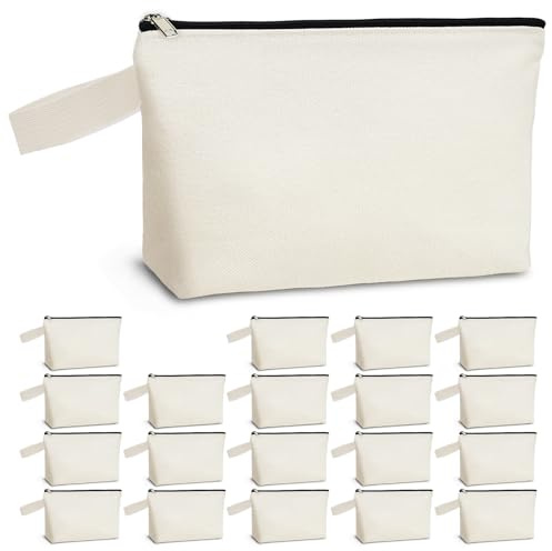 Koolmox 20PCS 12Oz Cotton Canvas Makeup Bags with Zipper and Flat Bottom, Storage Bags for Cosmetics Toiletries Pencils Cables, DIY Craft Bag (Beige Bag Black Zipper, Medium 10.2x5.5x2.1”)'