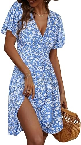 Zeagoo Sommarklänning för kvinnor, V-hals, kortärmad, strandklänning, blomtryck, volangklänning, omlottärmar, S-XXL, Blå, M