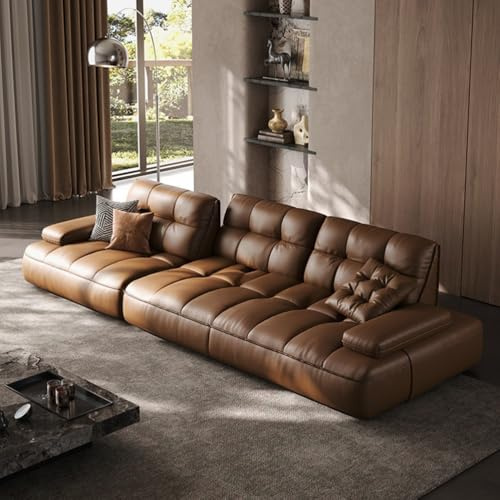 Medeltida lyxig enkel brun lädersoffa, massiv träram, rymlig och mjuk soffa, modern stor storlek, lämplig för vardagsrum/kontor/lägenhet.