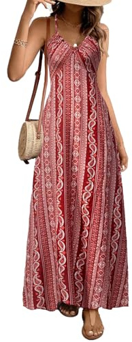 JENJON Mujer Vestido de Verano Sin Mangas Cuello en V Falda Larga Estampada de Tirantes Playa Vestido de Bohemio Elegante Vestido