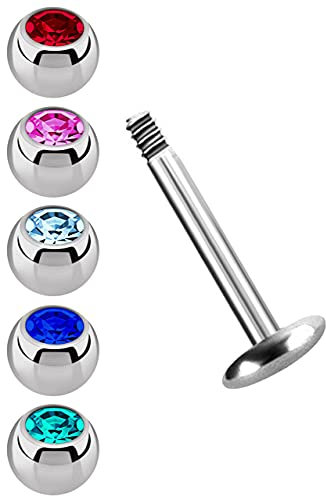 Labret Stecker Titan Piercing Set2 1,2 mm x 6 mm mit 5 Stein Kugeln