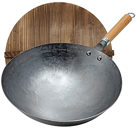 Vinbcorw Hand gehämmert wok, chinesischer Wok,Traditioneller Handgehämmerter Wok Aus Karbonstahl Mit Griff Aus Holz Und Stahl Chinesische Woks (Rundboden) 1,8 Mm Dick Wok Mit Deckel,32cm