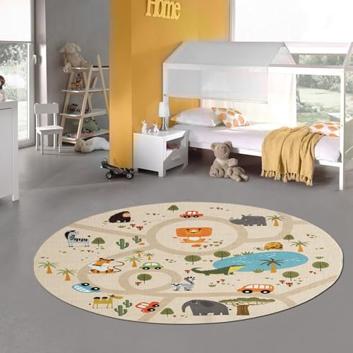 Teppich-Traum Kinderteppich Kinderzimmer Teppich Spielteppich Spielmatte Safari Straßenteppich rutschfest beige Rund 160 cm Durchmesser