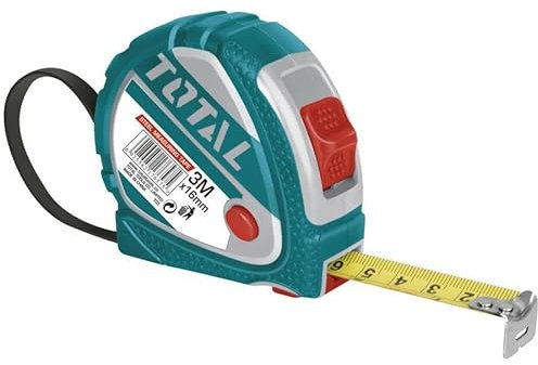 TOTAL - Flexómetro 3 Metros, Medida 3 m x 16 mm, Pulsador función 3 paradas, Con Cordón para colgar en la muñeca, Metro Para Medir en Trabajos de Carpintería o Construcción General