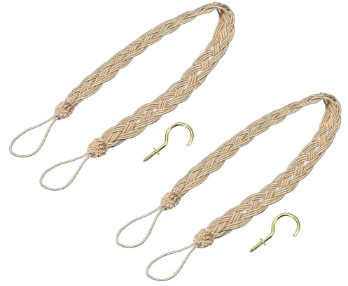 uxcell 2Pcs Curtain Tiebacks, 58cm/23 Braided Drapery Holdback Holder Decorative Rope Tie Back with 2 Metal Hooks, Champagne