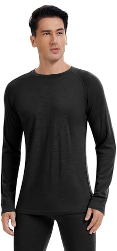 woolcano 100% Merino Wool Base Layers Men, Long Sleeve Thermal Tops Mens, Men's Thermal Tops Compression Tops Warm for Winter Skating Skiing Black L