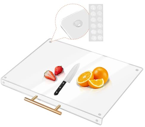 Daily Treasures Acrylic Cutting Board with Gold Handle,42x34cm Clear Chopping Board with Groove,Lagre Counter Edge Chopping Board,Non Slip Clear Cutting Board for Kitchen Counter Worktop Protector