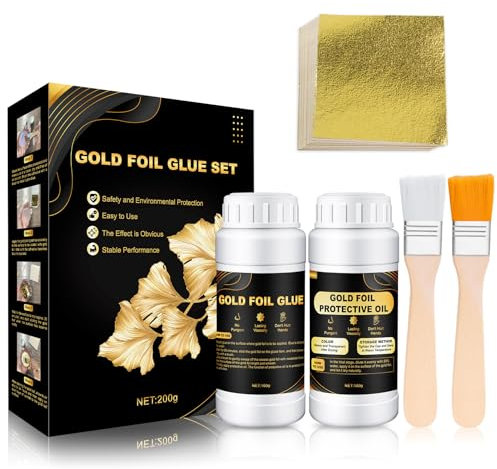 ALLONY Colle Feuille D'or, 100 Feuilles D'or et Feuilles de Métal, Contient 100 ml de Colle pour Feuille D'or et 100 ml de Vernis, 2 Pinceaux, Adaptés au Bricolage, Peinture, Décoration