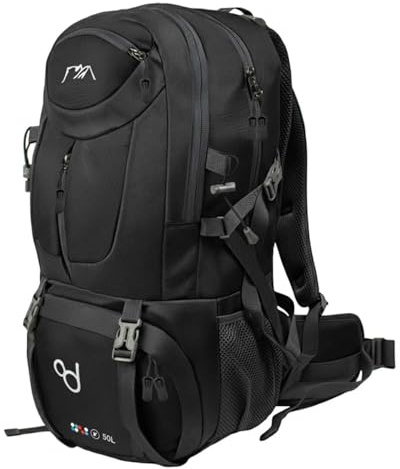 OcioDual Wanderrucksack, 50 Liter, Wasserdicht Und Leicht, Alles Schwarz, Mehrere Taschen, Ideal für Reisen, Berg, Camping, Outdoor, Ultraleicht, für Damen Und Herren