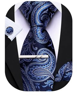 Barry.Wang Navy Blue Tie with Tie Clip for Men Paisley Silk Necktie Pocket Square Cufflinks Set Formal Wedding Party Business