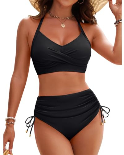 Hanaoops Dam Tvådelad Push Up Hög Midja Bikini Set Justerbar Vadderad Bikini-BH Tummy Control Badshorts Sida Dragsko Sexig Strandkläder Badkläder Badkläder, Svart, XL