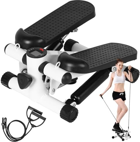 PERZOE Stepper Fitness 2 en 1 avec Cordes Élastiques, Mini Stepper d'Appartement, 16 Niveaux de Résistance, Écran Multifonctions
