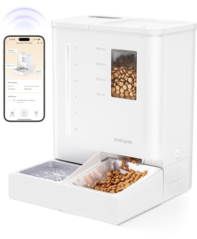 DUDUPET Distributore Automatico Cibo Gatti e Fontanella 2 in 1, 5G WIFI, Controllo via App, 5L Dispenser Cibo Gatto e 4L Fontana d’Acqua, Registrazione Vocale, per Gatti e Cani di Piccola Taglia