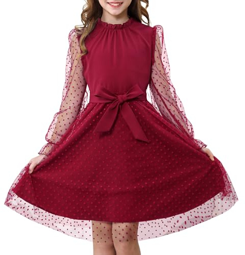 Roalnko Abito a Maniche Lunghe a Volantino per Ragazza, Vita Alta con Cintura Linea A Collo Volant Mesh a Contrasto Abiti da Principessa per Festa in Tulle, Rosso, 7-8 Anni, 130