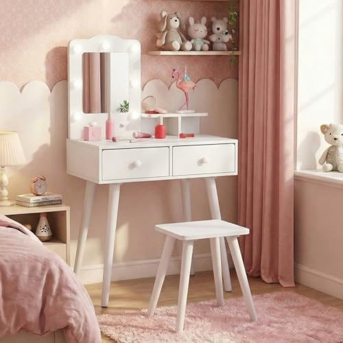 Arlopu Kids Vanity with Light, Girls Makeup Dressing Table and Chair Set