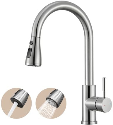 Robinet de cuisine extensible avec flexible à 360° - Haute pression pivotant - Robinet de cuisine flexible en acier inoxydable - 2 sorties d'eau