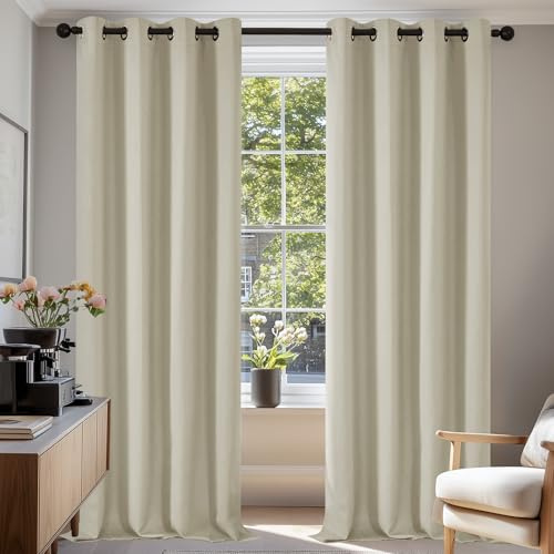 Deconovo Room Darkening Bedroom Curtains Super Soft Window Treartment Thermal Insulated Top Ring Energy Saving Blackout Curtains for Girls 55 x 110 Inch Light Beige 2 Panels