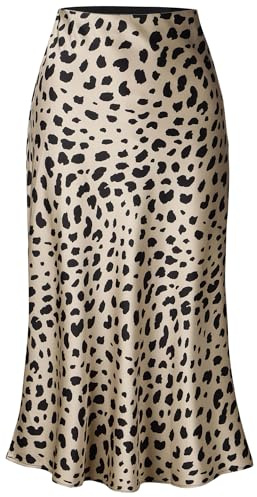 Keasmto Leopard Skirt for Women Midi Length High Waist Silk Satin Elasticized Cheetah Skirts L