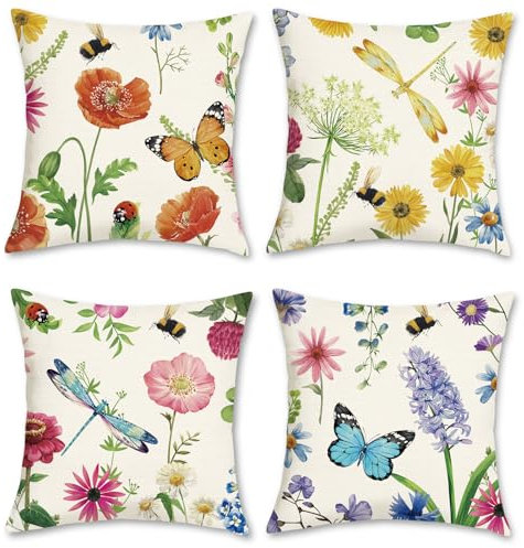 Bonhause 4er Set Kissenbezüge Blumen 45 x 45 cm Wilde Blume Garten Dekorative Kissenhülle Zierkissenbezüge für Sofa Schlafzimmer Wohnzimmer Auto Zuhause Frühling Sommer Dekoration
