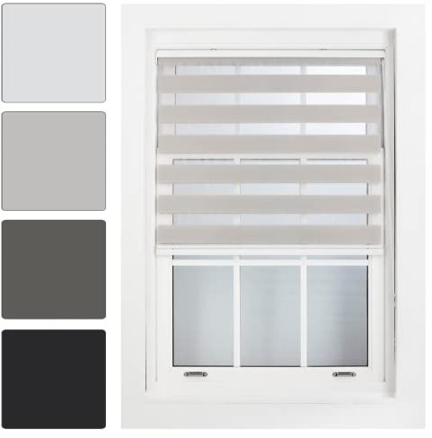 FURNISHED Day and Night Roller Blinds - Zebra Blind Dim or Translucent Vision Roller Shades for Windows and Doors - Dual Layer Fabric, Grey, 60W x 210H cm