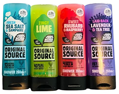 ORIGINAL SOURCE SHOWER GEL SET 4X250ML NEW FRAGRANCE FRESH SEA SALT & SAMPHIRE, ZINGY LIME, SWEET RHUBARB & RASPBERRY, LAID-BACK LAVENDER & TEA TREE BODY WASH TREE, COMBO PACK
