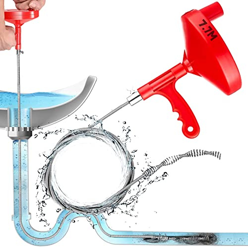 BERGEN TOOLS Serpent de plomberie robuste de 7,7 m - Outil professionnel de débouchage pour toilettes, cuisine, salle de bain, évier, baignoire - Déboucher vous-même