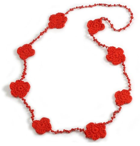 Avalaya Collana lunga fatta a mano con fiori rossi all'uncinetto e perline di vetro, leggera, 100 cm di lunghezza, Nessuna pietra preziosa
