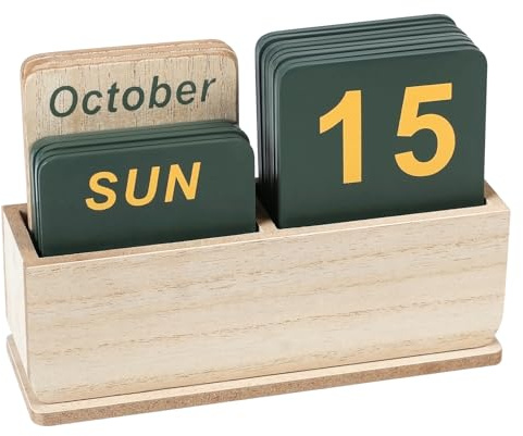 DEERINE Wooden Block Perpetual Calendar for Desk, Daily Desktop Standing Flip Calendar with Large Display, Modern Farmhouse Aesthetic Desk Accessory for Home Office Decor, Reusable Yearly, Wood Grain