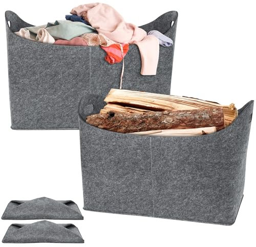 SUBTLETY Lot de 2 paniers à bois pliables XXL en feutre - Grand panier à bois de cheminée - Charge maximale : 60 l - Pour le transport et le rangement du bois de chauffage, des journaux, des fruits,