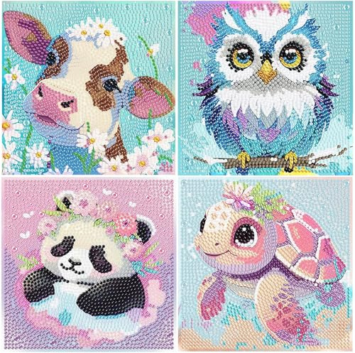MIHURO 4 Pcs Diamond Art Kits, Animal Diamond Painting Kits,Crystal Dimond Art,Cute Cow Owl Panda Turtle Pattern 5D Gem Painting Kit,Full Drill Gem Crafts Sets for Girls Boys
