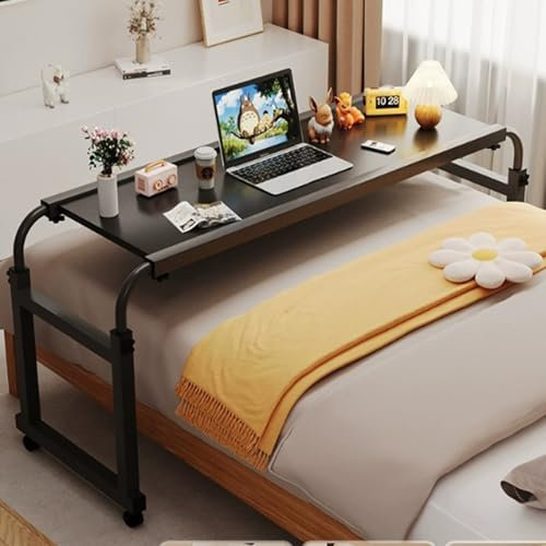 Tavolino da letto regolabile in altezza su ruote, con supporto per computer e tavolo da spuntino, nero, 120 x 45 cm