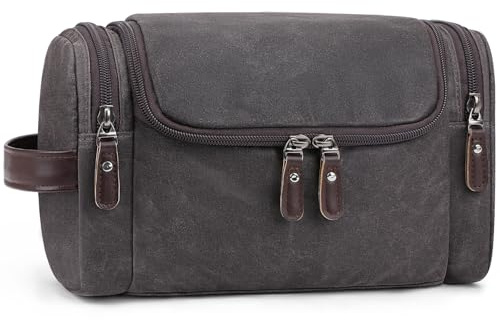 ZOMFELT Travel Toiletry Bag for Men, Waxed Canvas Travel Wash Bag Dopp Kit, Water Resistant Shower Bag Hanging Toiletries Bag, Lightweight Gym Shaving Organizer Bag for Bathroom, Grey