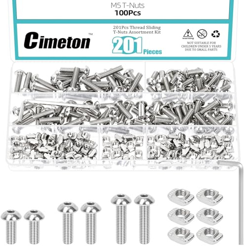 Cimeton 201PCS M5 T-Nuts Assortment Kit Button Head Screws Hammer Nut Hex Button Head Screws Socket Cap Screws Bolts Nuts with Hex Wrench for Profile Groove