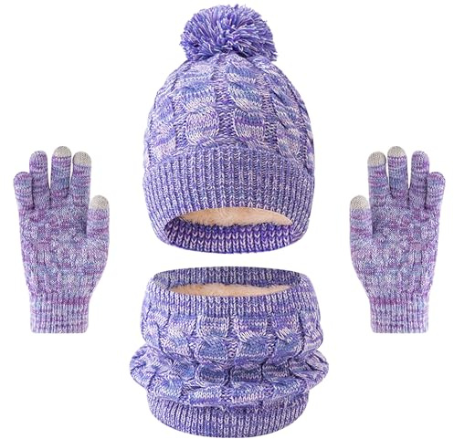 Enwokran Kids Winter Hat Scarf Gloves Set - Thermal Pom Bobble Hat Snood Neck Warmer Touchscreen Mitten Soft Fleece Lining Elastic for Children Aged 5-12 Cold Weather Outdoor Sports (Z_Purple)