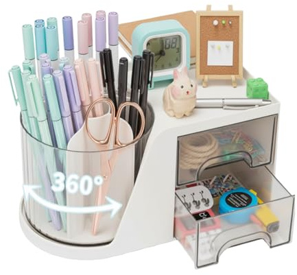 OFFASST Organisateur de Bureau Rotatif avec 2 Tiroirs, Pot à Crayons 360° pour Rangement Maquillage et Fournitures de Bureau, Organiseur Multifonctionnel pour Coiffeuse École Maison (Blanc)