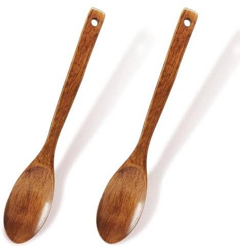 2 Pcs Wooden Spoon, Natural Ke Wood Construction, Wooden Spoons for Cooking Long Handle Design, Kitchen Spoon Utensils for Stirring and Serving, Traditional Lacquer Finish Cooking Tools Set
