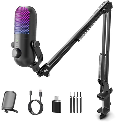 USB Microphone for PC Gaming: Gaming Equipment Condenser Microphone RGB for Gamer with Boom Arm Mic - Recording Mic for Computer & Laptop with Mute - Desk Podcast Mic for Podcast & Streaming & Youtube