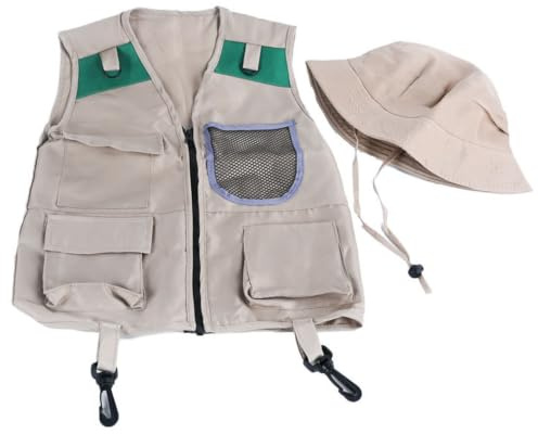 Ginwrek Gilet da pesca per bambini, costume da guardiano dello zoo per bambini, gilet da pesca, multitasche e cappello da pescatore per giochi di ruolo all'aperto e spettacoli teatrali