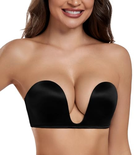 HACI Women's Plunge Deep U Strapless Bra Push Up Demi Seamless Underwire(Black,34C)