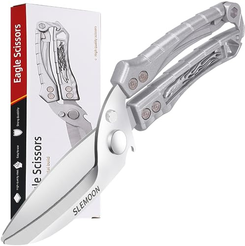 SLEMOON Kitchen Shears Heavy Duty Poultry Shears for Bone,Chicken,Turkey,Meat,Fish and Pizza Cutting Board Kitchen Scissors All Purpose for Food Ideal for Chef and Home Cooking,Dishwasher Safe Silver