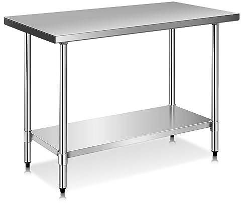 GIANTEX Edelstahl Arbeitstisch 2 Ebenen, Küchentisch Edelstahltisch mit höhenverstellbarer Ablage, Küche Lebensmittel Zubereitungstisch, verstellbare Füße, Gastro Tisch Ablagetisch 122x61x90 cm