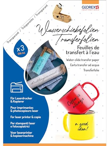 GLOREX 6 1241 700 – vattenskjutfolie, 3 stycken överföringsfolie A4, dekoration av glas, keramik, ljus, metall, trä och plast, för laserskrivare och kopiatorer