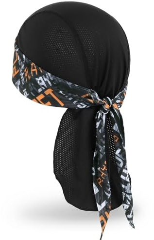 MELASA Kühlende Durag Bandana Cap Mütze, Absorbiert Schweiß Kopftuch Unterhelm, Atmungsaktive Fahrrad Kopfbedeckung Laufmütze, Kopftuch Herren Radfahren Motorradfahren(Schwarz Orange Print)
