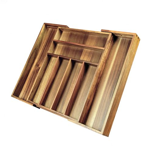 KITEISCAT Acacia Wood Expandable Silverware Organizer, Kitchen Utensil Drawer Organizer for Forks & Spoons, 8-Compartment Cutlery Tray, Flatware Holder