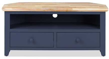Statement Furniture Florence Wooden Corner TV Stand with 2 Drawers, Shelf, Cable Access, Acacia Hardwood Top | W108cm, H50cm, D40cm | Fully Assembled Media Unit (navy blue)