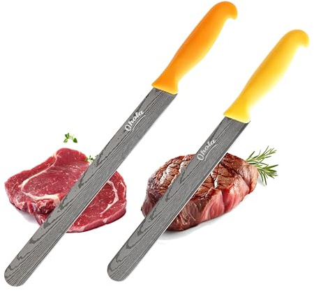 2PCS Brisket Knife, OHOLA 12 inch & 10 inch Carving Meat knife, Premium Stainless Steel Slicing Knife with Plastic Handle, Great for Smoked Brisket, BBQ Meat, Turkey (Orange+Yellow)